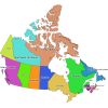 Colored labeled map of Canada with provinces and territories