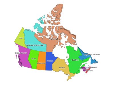 Colored labeled map of Canada with provinces and territories