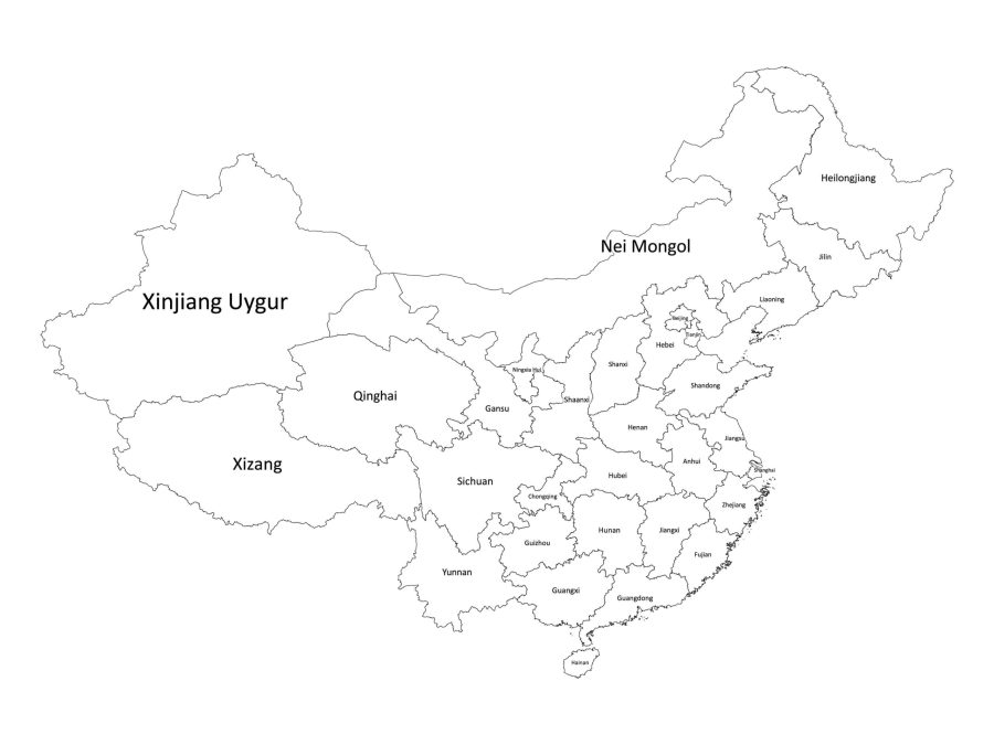 Black and white labeled map of China