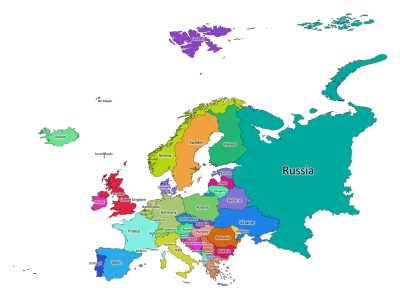 Colored labeled map of Europe