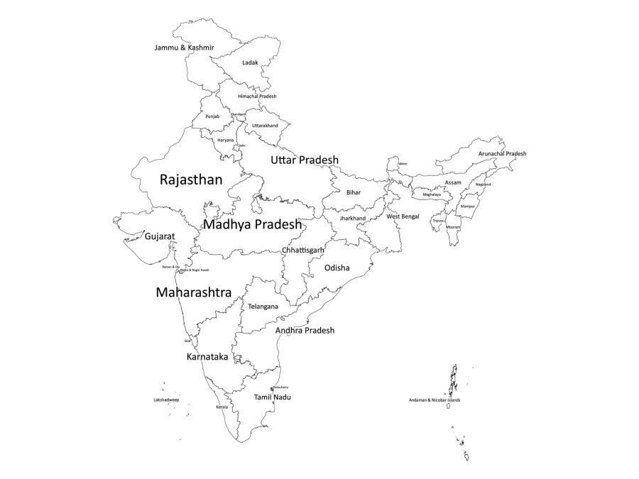 Black and white labeled map of India