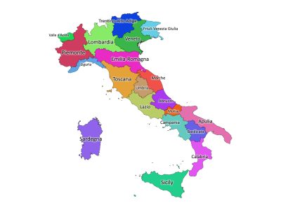 Colored labeled map of Italy