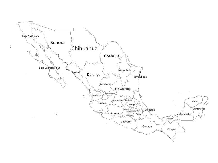 Black and white labeled map of Mexico