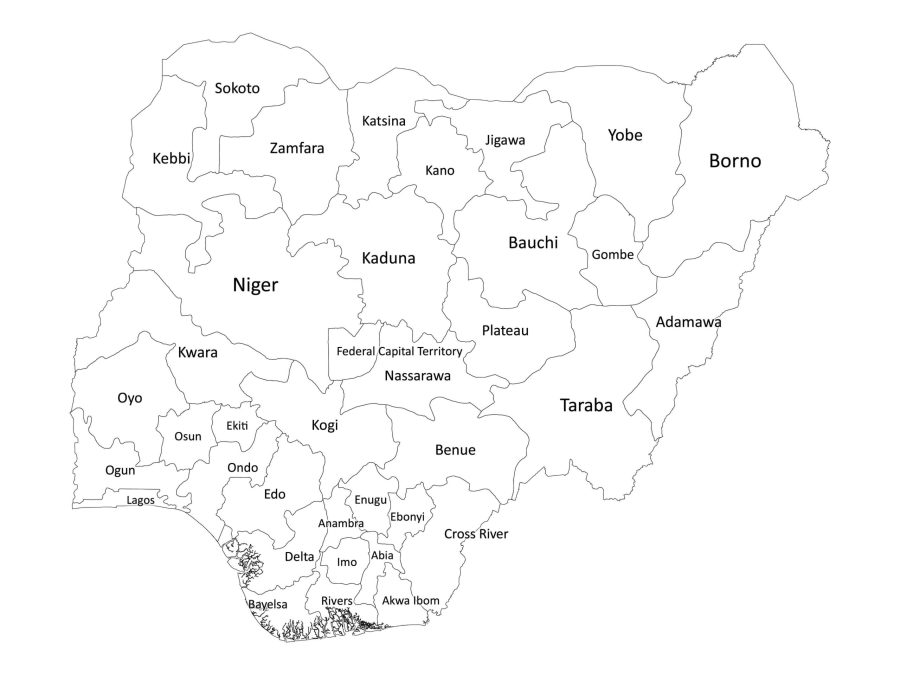 Black and white labeled map of Nigeria