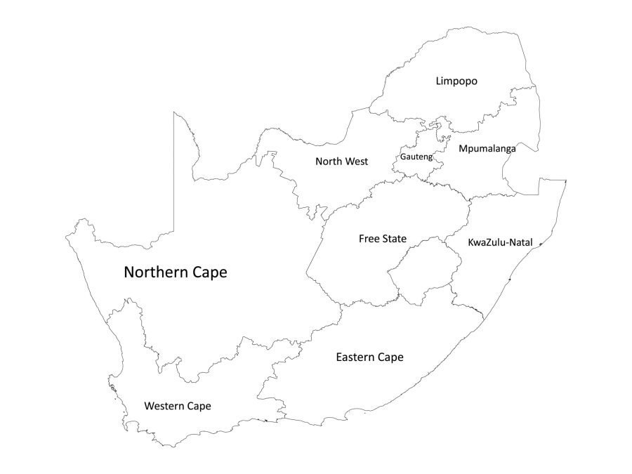 Black and white labeled map of South Africa