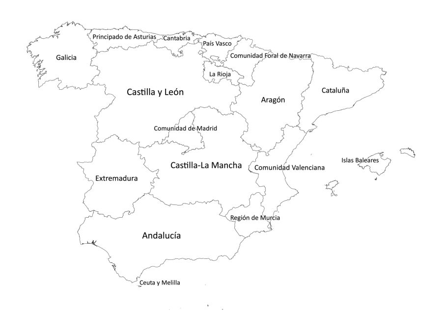 Black and white labeled map of Spain