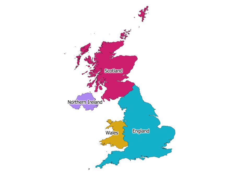 Colored labeled map of the United Kingdom