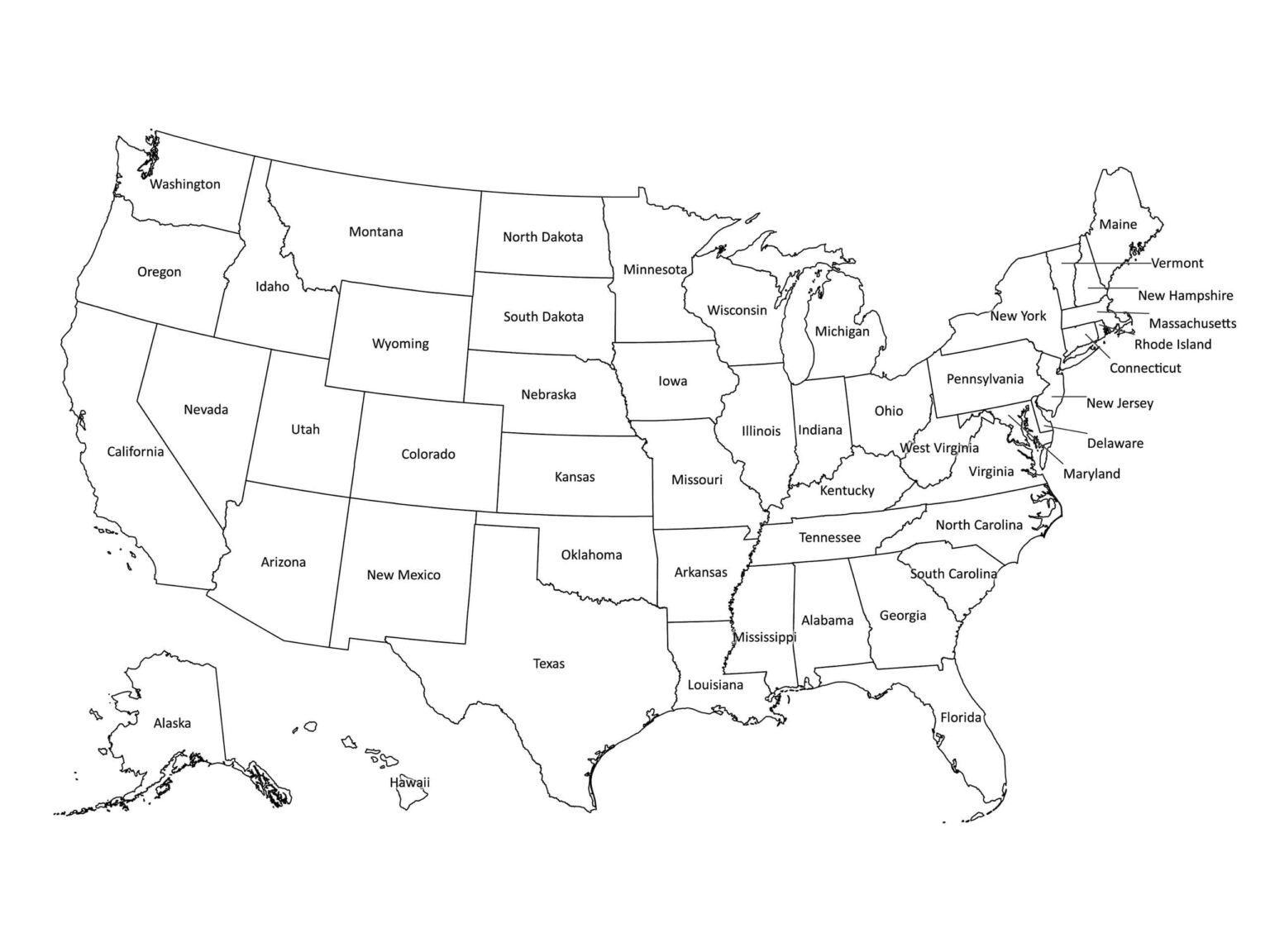 United States Labeled Map Labeled Maps   Usa Labeled Map Black White 12 1536x1152 