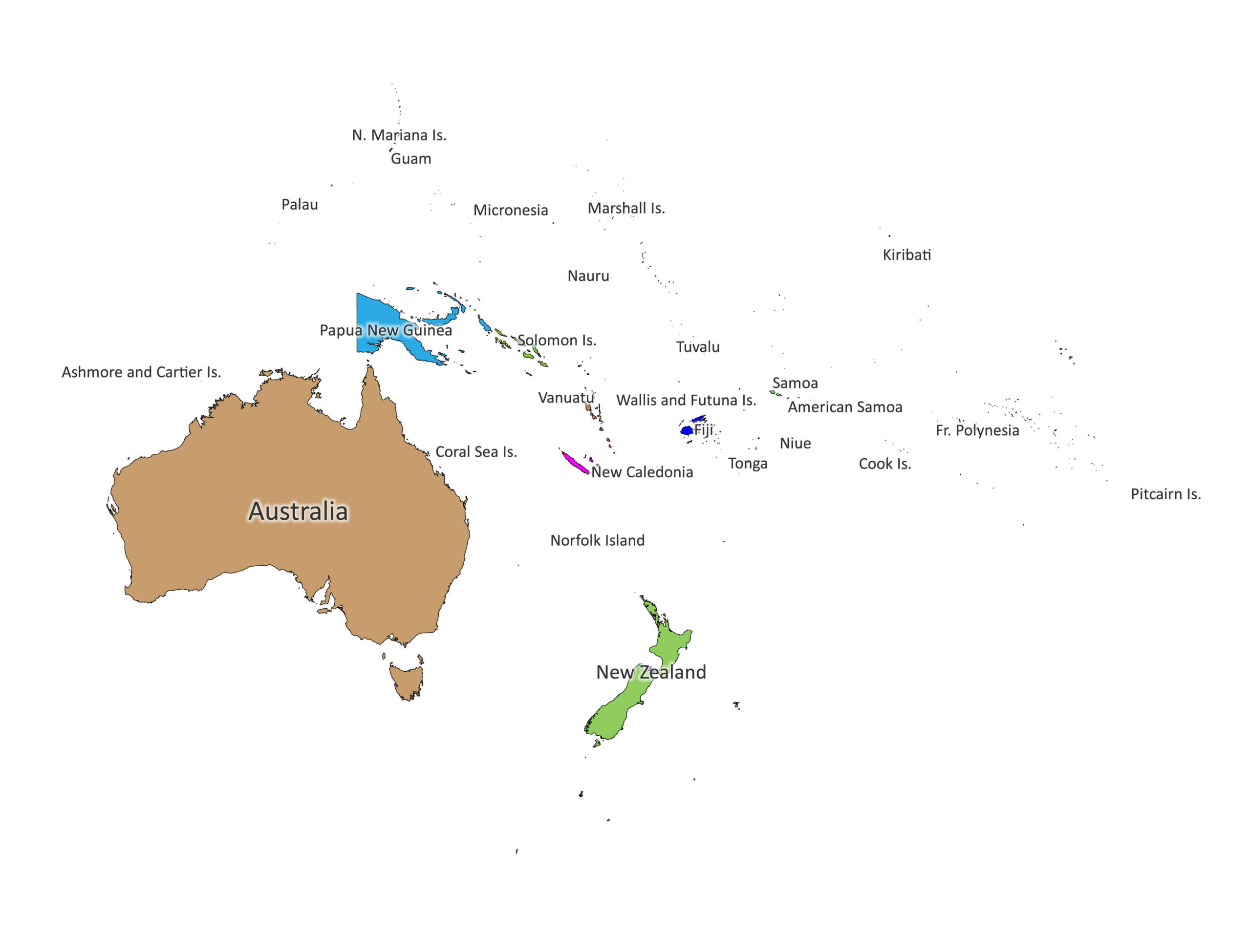 Oceania Labeled Map Colored Scaled 