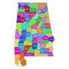 Colored labeled map of Alabama with counties