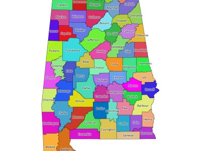 Colored labeled map of Alabama with counties