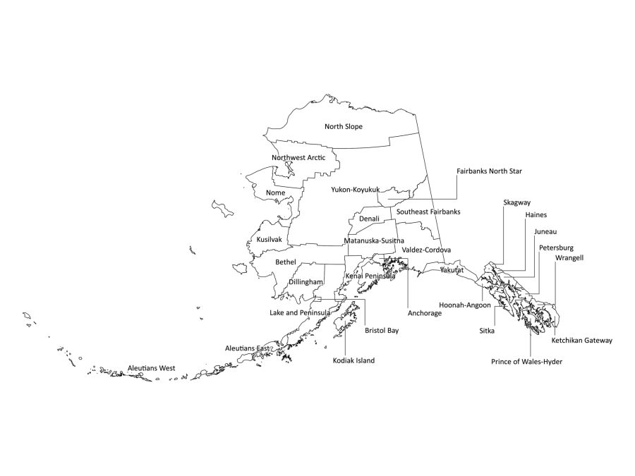 Black and white labeled map of Alaska