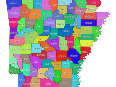Colored labeled map of Arkansas with counties