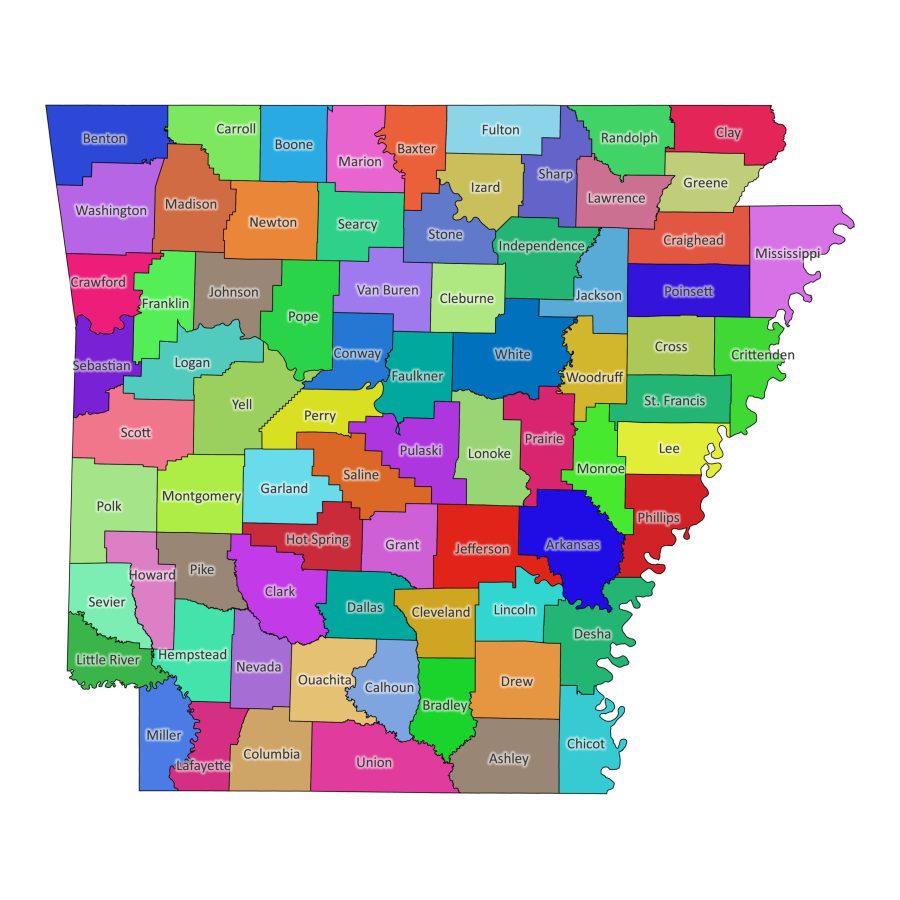 Colored labeled map of Arkansas with counties