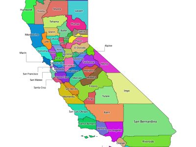 Colored labeled map of California with counties