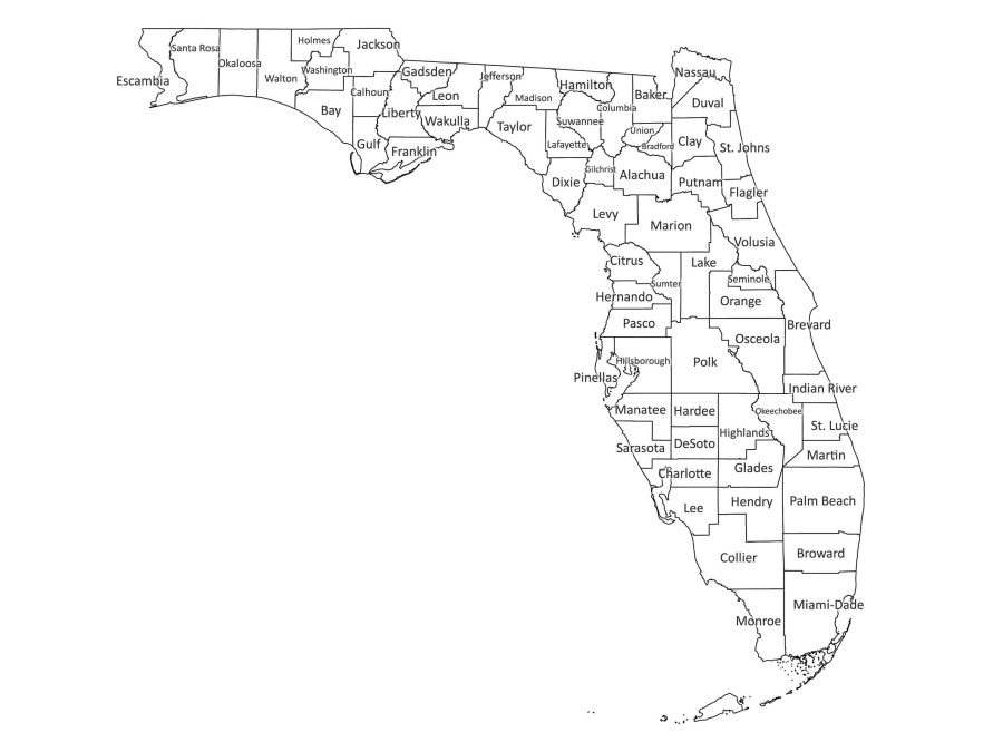 Black and white labeled map of Florida with counties