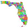 Colored labeled map of Florida with counties