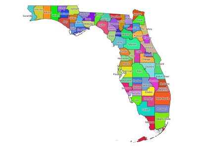 Colored labeled map of Florida with counties