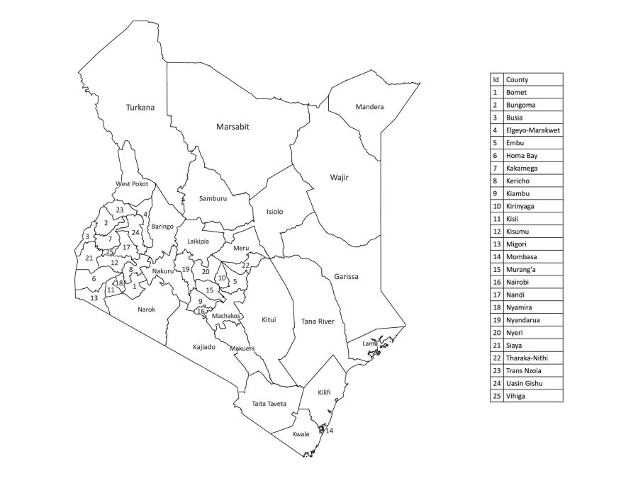 Black and white labeled map of Kenya showing counties