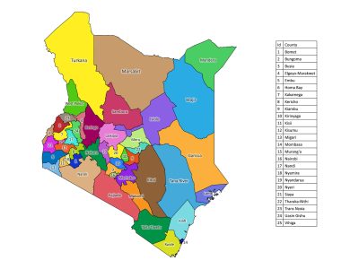 Colored labeled map of Kenya showing counties