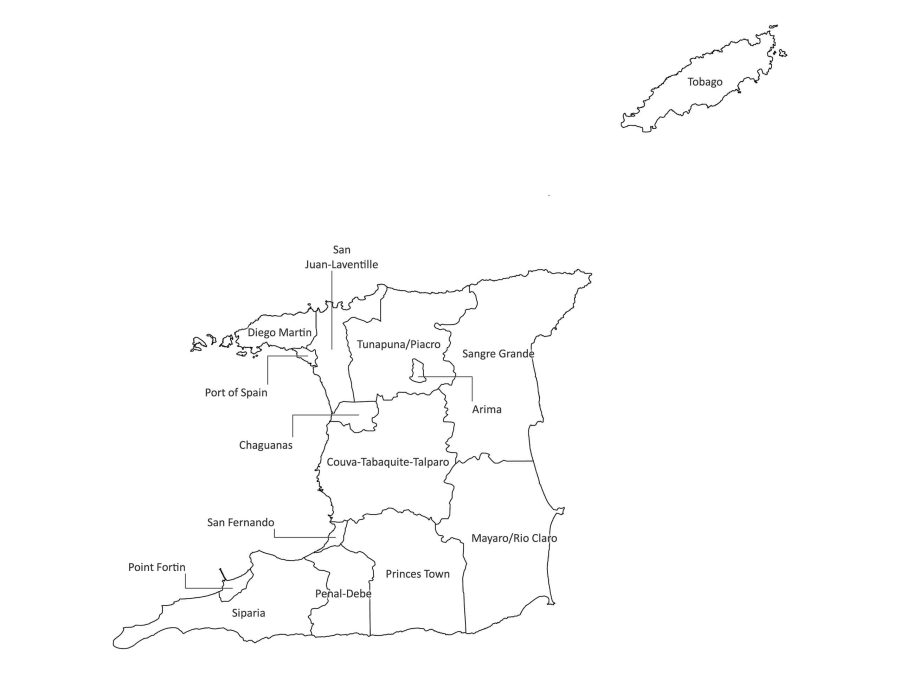 Black and white labeled map of Trinidad and Tobago with regions