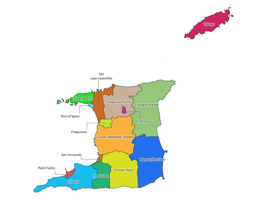 Colored labeled map of Trinidad and Tobago with regions