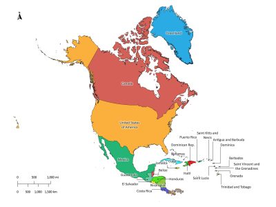 Colored labeled map of North America with countries