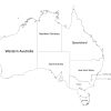 Black and white labeled map of Australia with states and territories