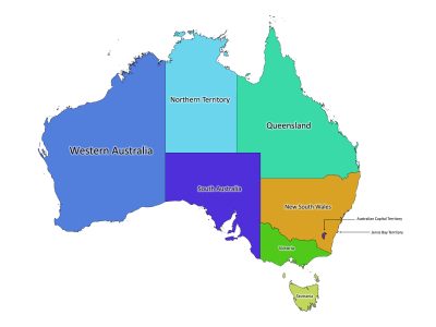Colored labeled map of Australia with states and territories
